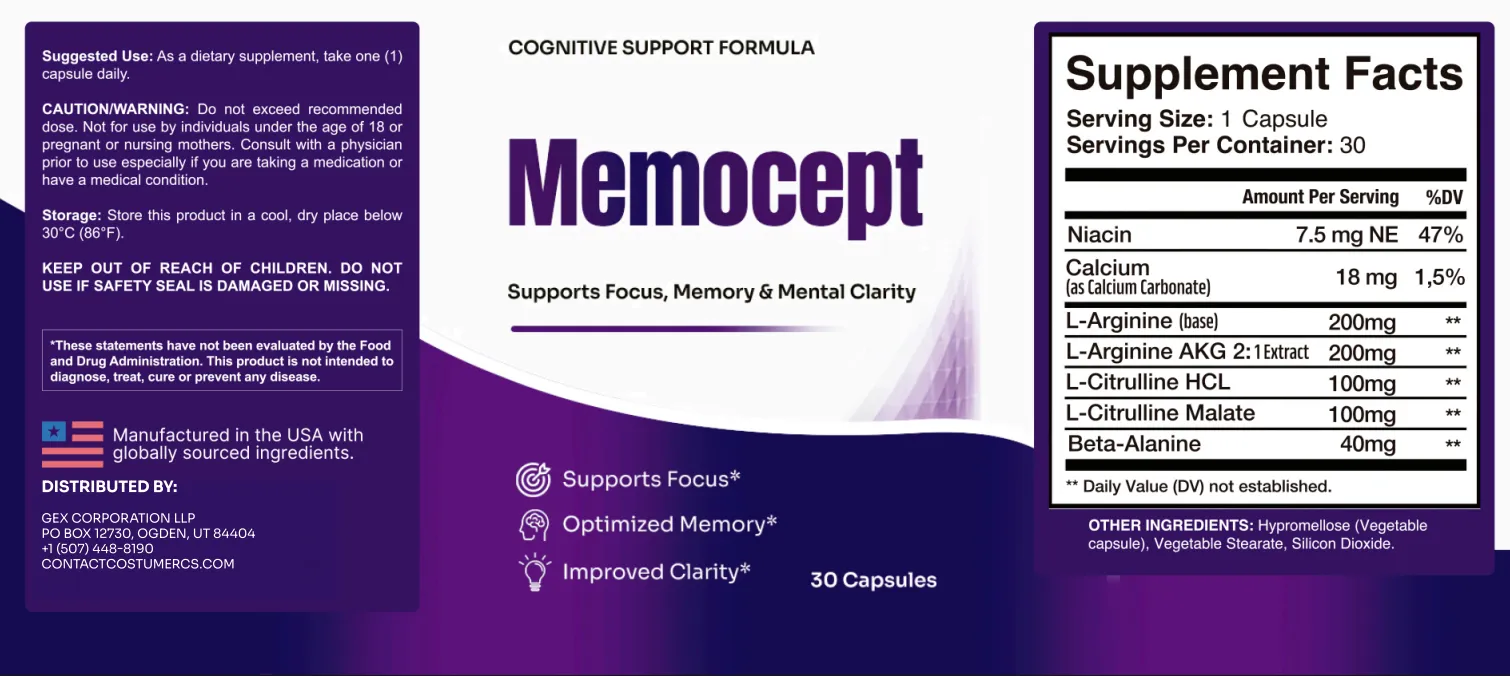 Memocept Official Supplement Facts Label